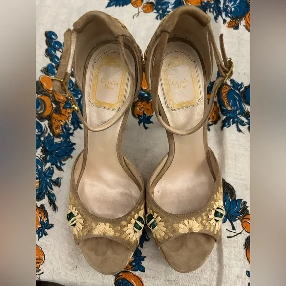 Dior Tan Floral High Heels Sz 38.5